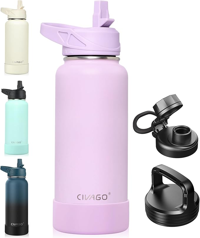 CIVAGO 32 oz Insulated Water Bottle With Straw, Stainless Steel Sports Water Cup Flask with 3 Lids (Straw, Spout and Handle Lid), Wide Mouth Travel Thermal Mug, Lavender