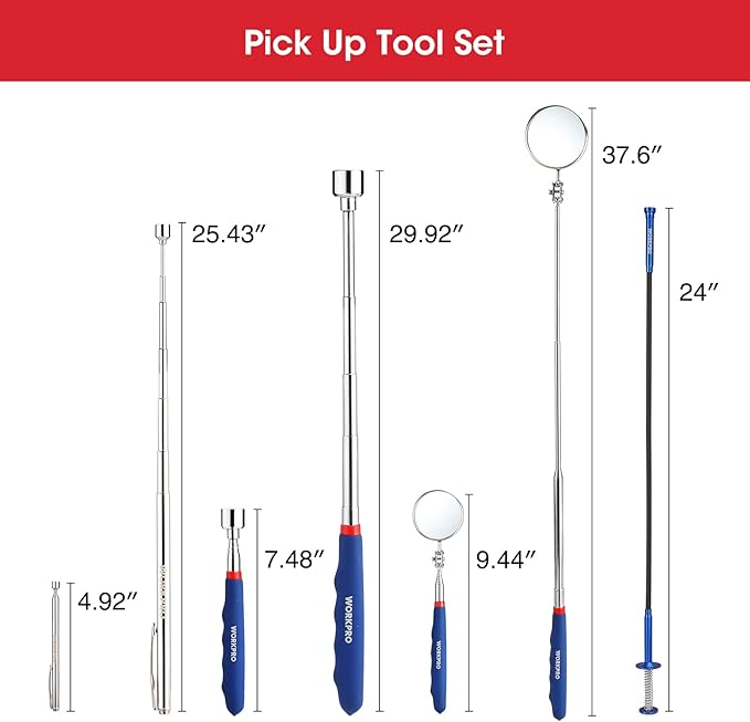 WORKPRO 4PC Telescoping Magnetic Pick Up Tool Kit, Includes Telescoping Inspection Mirror, 2PC Magnetic Pick Up Tool And Four Claw Grabber Tool, Pick Up Grab Tool Set For Auto Repair