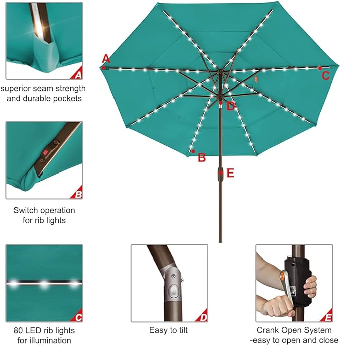 EliteShade USA 10-Year-Non-Fading Solar 9ft 3 Tiers Market Umbrella with 80 LED Lights Patio Umbrellas Outdoor Table with Ventilation,Teal