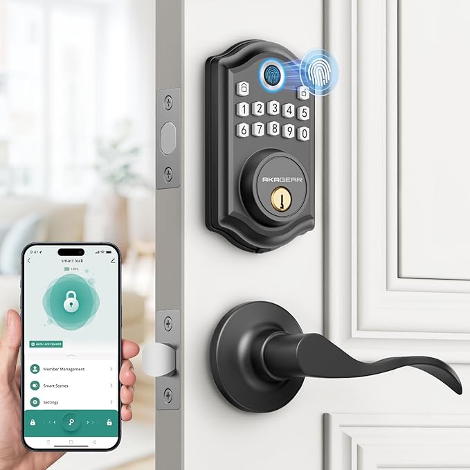DS10 Pro Keyless Entry Door Lock with Handle - 2 Lever Handles, Bluetooth APP Control, Fingerprint Door Locks, Electronic Keypad Deadbolt Lock, Smart Doors Lock, Auto-Lock, Matte Black