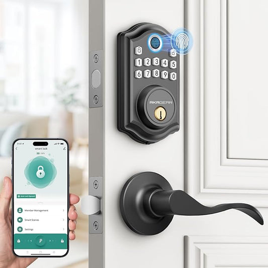 DS10 Pro Keyless Entry Door Lock with Handle - 2 Lever Handles, Bluetooth APP Control, Fingerprint Door Locks, Electronic Keypad Deadbolt Lock, Smart Doors Lock, Auto-Lock, Matte Black