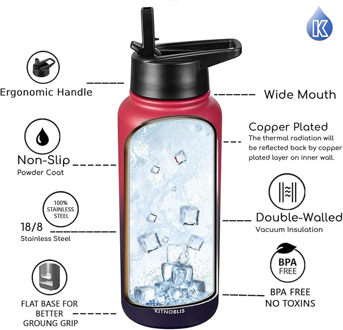 Water Bottle Insulated 32oz Straw Lid, Leak Proof, Vacuum Insulated,Stainless Steel Water Bottle Wide Mouth for Sports, Gym, BPA-Free Keep Cold 24H Hot 12H (Red Purple)