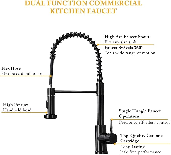 Kitchen Faucet with Pull Down Sprayer, Spring Single Handle Kitchen Sink Faucets Modern Black Pull-Out Spring Stainless Steel Kitchen Faucets for Camper Farmhouse RV Bar Kitchen Sinks