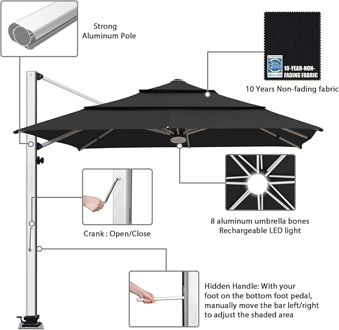EliteShade USA APOLLO 3-Tier 10x10FT Full Aluminum Cantilever Patio Umbrella for Outdoor restaurant Garden Courtyard Deck Pool and Marketing with Light (No battery),Black