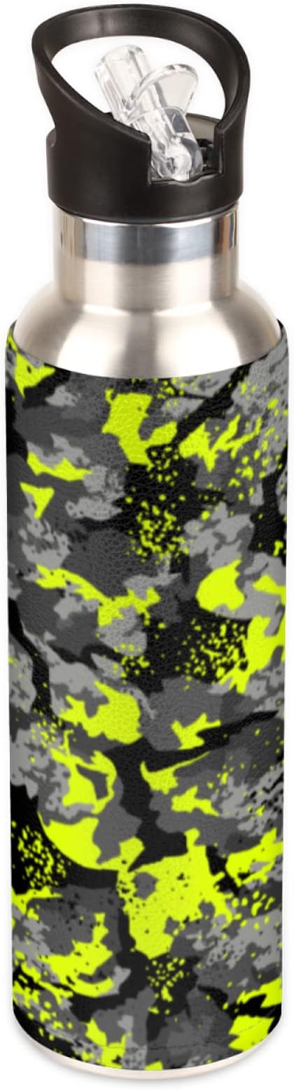 Fluorescence Camo Stainless Steel Sports Water Bottle with Straw, 32 oz Vacuum Insulated Cup, Keeps Hot Cold Canteen Water Bottles For Cycling Travel Hiking