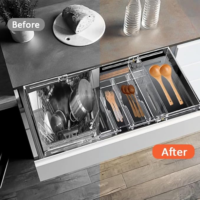 Acrylic Silverware Drawer Organizer Kitchen,Expandable Drawer Organizer,Silverware Organizer for Forks and Knives,Multipurpose Kitchen Organizers Divider and Storage Solution(pull-out,transparency)