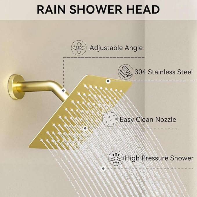 Brushed Gold Shower System, STARBATH Ceiling Mount Shower Set 12+6'' Wall Mount Rainfall Showerhead with Handheld 2 Functions High-Pressure Spray, Dual Rain Shower Faucet Set with Valve Complete