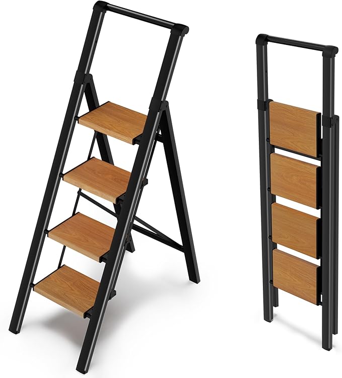 4 Step Ladder with Handrails, Kitchen Step Stool for Adults 330 lbs, Portable Step Stool Foldable, Lightweight Stepping Stool with Non-Slip Pedals, Aluminum Folding Ladders for Home Garage