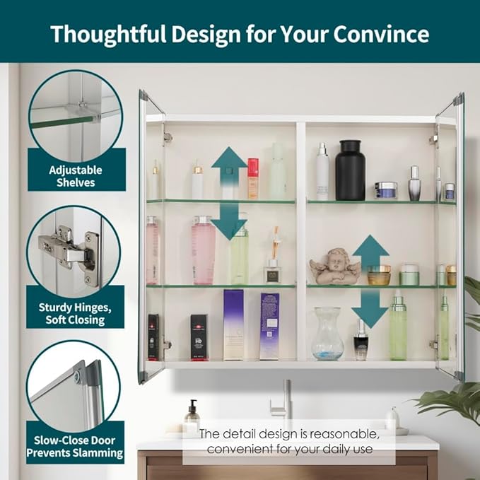 Movo Double Doors Medicine Cabinet with Mirror, 30 inch X 26 inch Aluminum Bathroom Medicine Cabinet, Adjustable Glass Shelves, Waterproof and Rust-Resist, Recess or Surface Mount