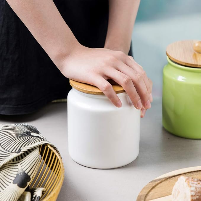 Sweejar Ceramic Kitchen Canisters, 28 FLOZ Porcelain Food Storage Jar with Airtight Seal Wooden Lid, Home Container Serving for Coffee Beans, Tea-leave, Sugar, Salt and More, Tool Bucket (White)