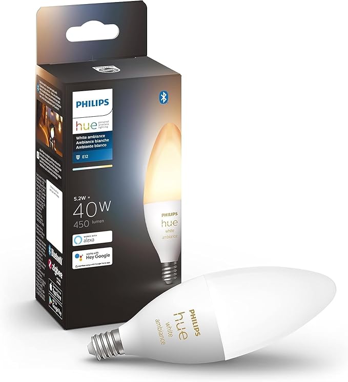 Philips Hue 40W B39 Candle-Shaped LED Bulb - White Ambiance- 1 Pack - 450LM - E12 - Indoor - Control with Hue App - Works with Alexa and Google Assistant