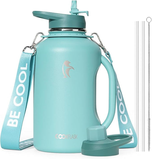 Half Gallon Water Bottle Insulated, Coolflask 64 oz Insulated Stainless Steel Water Jug Metal Double-Walled Vacuum Large Flask With Strap Straw Leakproof, Keep Cold 48 Hrs Hot 24hrs, Green