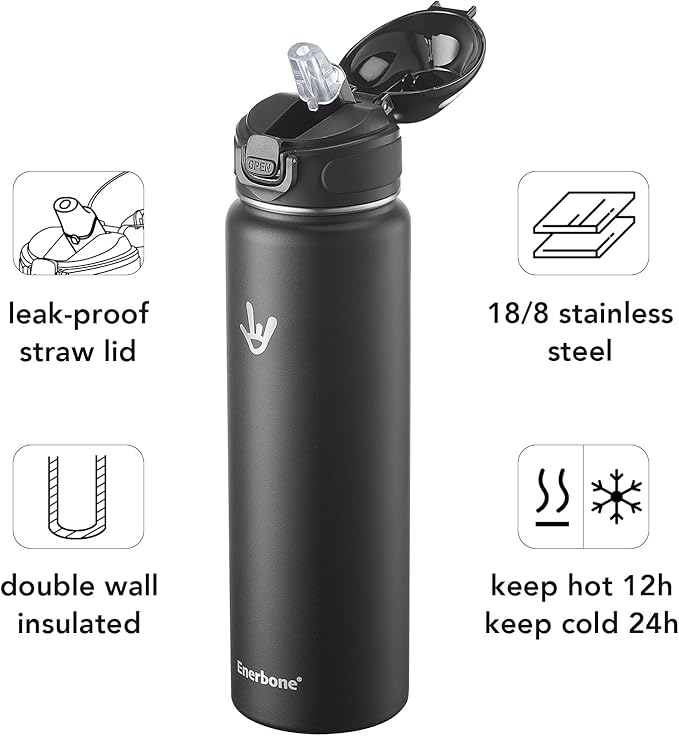 Enerbone Insulated Water Bottle, 32 oz Stainless Steel Water Bottles with Carrying Strap, Double-Wall Vacuum Insulation Thermos, Leakproof Sports Bottle with Straw, Keep Drinks Hot or Cold for Hours