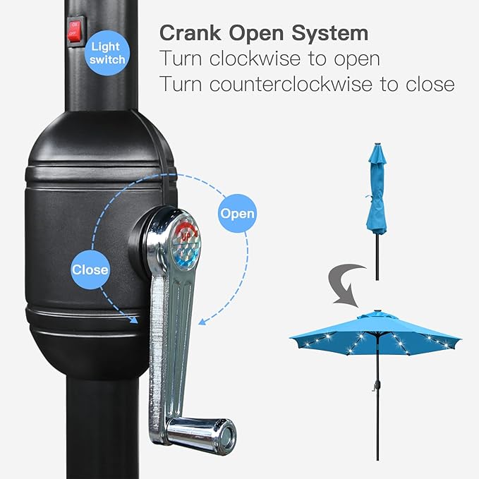 Sunnyglade 9' Solar LED Lighted Umbrella with 8 Ribs Adjustment and Crank Lift System for Patio(Blue)