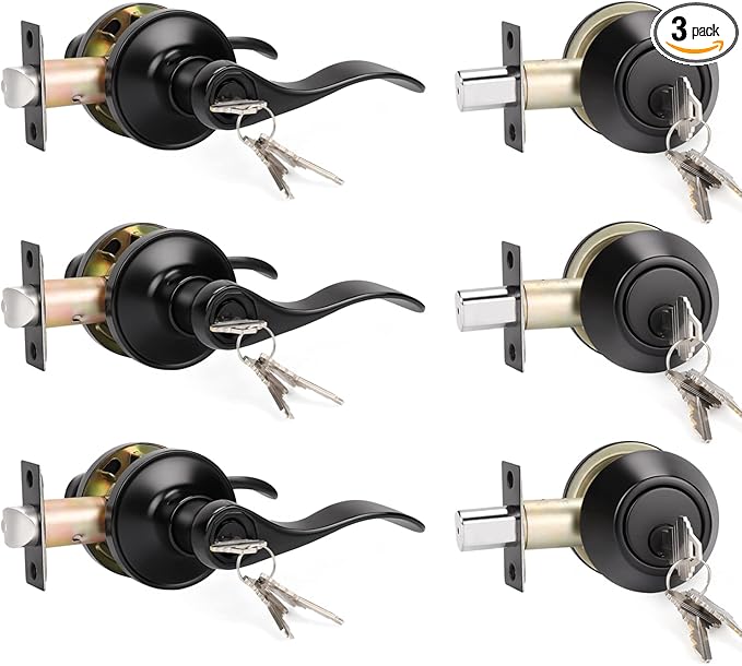 KNOBWELL 3 Pack Exterior Door Lock Set with Deadbolt Front Door Entry Lever Lockset with Single Cylinder Deadbolt, Aged Matte Black - Keyed Alike