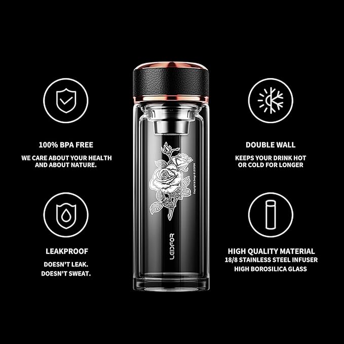 Tea Tumbler with Infuser - BPA Free Double Wall Glass Travel Tea Mug With Stainless Steel Filter - Leakproof Tea Bottle with Strainer for Loose Leaf Tea and Fruit Water 17 oz Rose