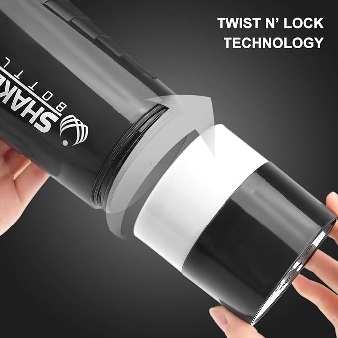 Protein Shaker Bottle - Sports Water Bottle - Non Slip 3 Layer Twist Off 3oz Cups with Pill Tray - Leak Proof Shake Bottle Mixer- Protein Powder 16 oz Shake Cup with Storage
