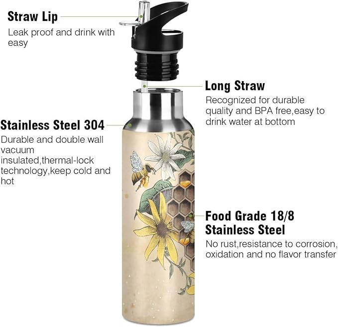 ALAZA Honey Bee Retro Floral Water Bottle With Straw Lids Boys Girls,Vacuum Insulated Leakproof Stainless-Steel Sports Bottle Thermal Flask For Gym Yoga Camping,34Oz (1000Ml)