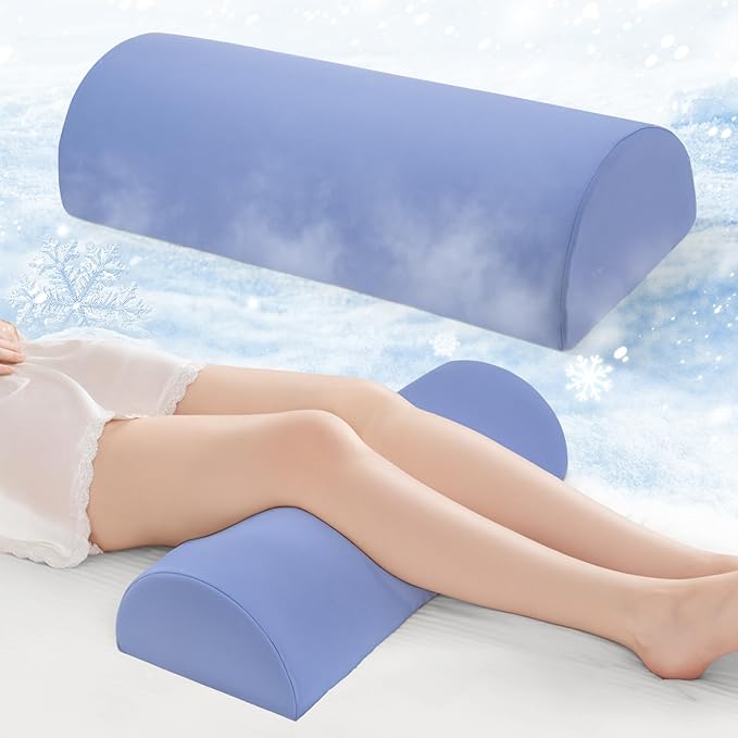 Half Moon Bolster Pillow - Memory Foam Bolster Pillow for Legs, Knee, Foot, and Neck - Leg Pillow for Back Sleeping - Knee Bolster for Sleeping with Cooling Pillowcase (Misty Blue)