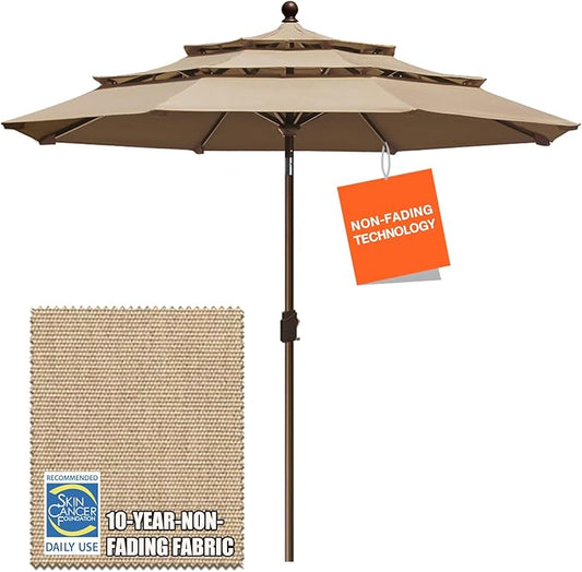 EliteShade USA 10-Year-Non-Fading 9Ft 3 Tiers Market Umbrella Patio Umbrella Outdoor Table Umbrella with Ventilation, Heather Beige