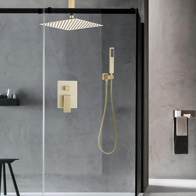 10 Inch Ceiling Mounted Shower System Rain Mixer Shower Combo Set Rainfall Shower Head System ‎Brushed Gold Shower Faucet Rough-in Valve Body and Trim Included