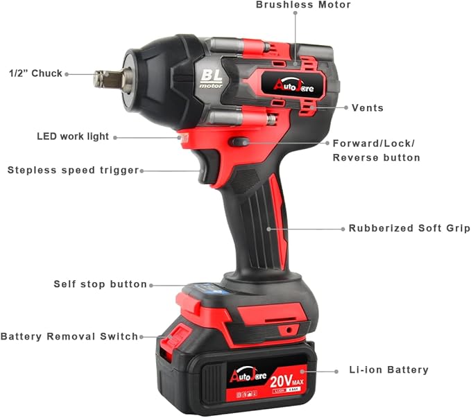 Cordless Impact Wrench Kit 1/2 inch,Electric Powerful Brushless Motor 20V Max Rechargeable Lithium-Ion Battery with Charger 6pcs Sockets Cordless Wrench Kit