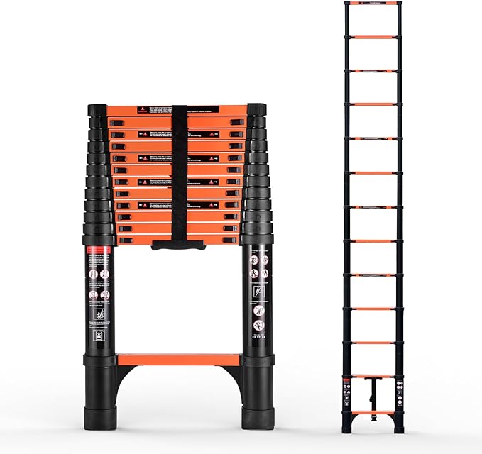 12.5 FT Telescoping Ladder, ANSI Certified, Type I Heavy Duty, 330lbs Max Capacity, Aluminum Extension Ladder for Home, Roof, RV; Orange