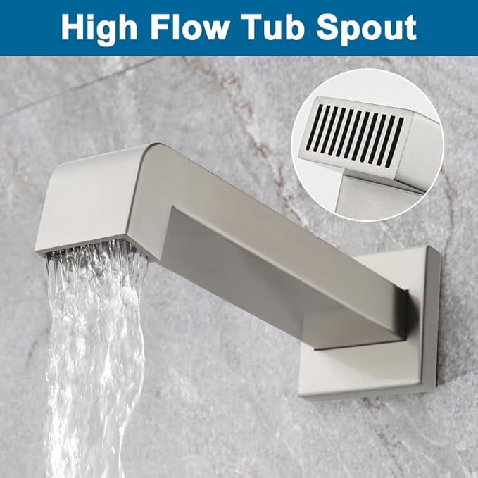 POP SANITARYWARE Shower Tub Faucet Set Brushed Nickel Bathroom Shower System with Tub Spout Wall Mounted Rainfall 12 Inch Thickened Shower Head and Handle Set Include Shower Valve and Trim Kit