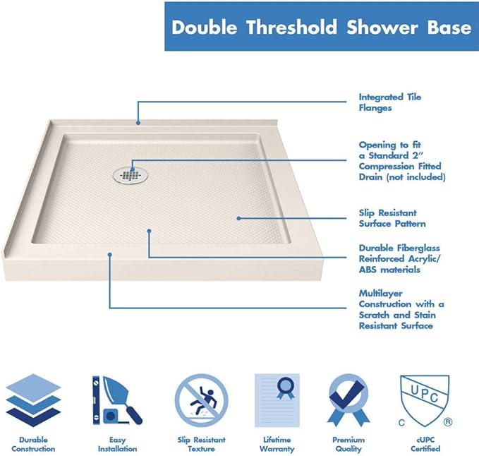DreamLine SlimLine 32 in. D x 32 in. W x 2 3/4 in. H Corner Drain Double Threshold Shower Base in Biscuit, DLT-1032320-22