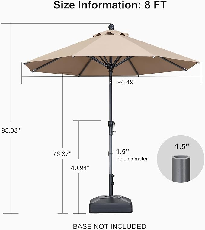 PURPLE LEAF 8' Round Patio Umbrella Outdoor Table Umbrella Aluminum Frame Market Umbrella Sun Umbrella with 8 Sturdy Ribs Tilt for Garden Deck Lawn Pool Taupe