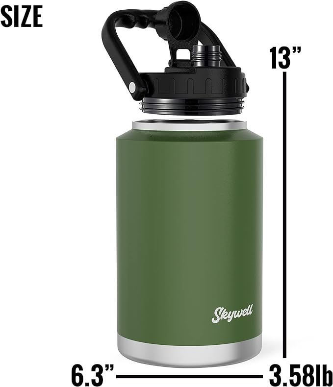 SkyWell 1 Gallon Insulated Water Bottle with Handle and Wide Mouth Water Flask Sweat-Proof and Leak-Proof 128 Oz Stainless Steel Water Jug for Outdoors, Olive