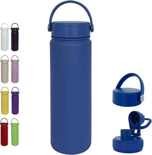 22oz Insulated Water Bottle ，Stainless Steel Sports Water Cup Flask with 2 Lids, Wide Mouth Travel Thermal Mug,Outdoor Sports Bottle（Dark Blue）