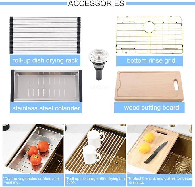 30 Inch Undermount Kitchen Sink Gold Stainless Steel Workstation Single Bowl 16 Gauge Over Counter Deep Kitchen Sink Basin