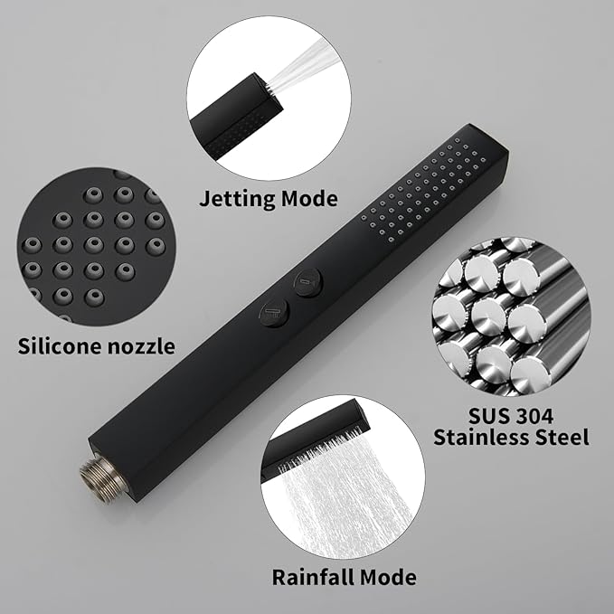 RUMOSE Matte Black Rainfall Shower System Fixture 12 Inch High Pressure Square Shower Head with 2 in 1 Handheld Spray Wall Mount Brass Bathroom Shower Faucet Set with cUPC Certified Rough-in Valve