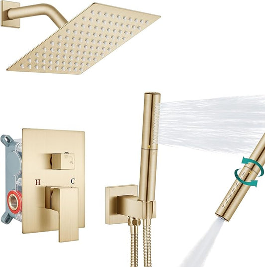 Aolemi Shower System with Rainfall Shower Head and Handheld Wall Mount,High Pressure Shower Faucet Set Fixture Combo with 2 in 1 Handheld Spray Rough-in Valve,8 Inch Shower Head Brushed Gold