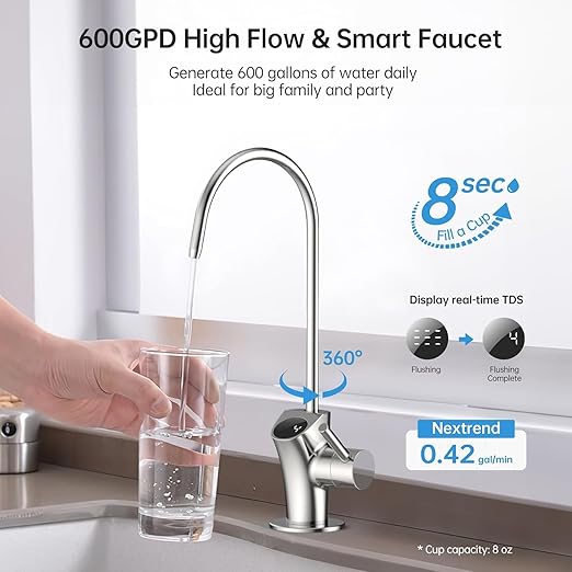 NexTrend 600GPD Reverse Osmosis System: 7 Stage Tankless Reverse Osmosis Water Filter Under Sink with Smart Faucet, NSF/ANSI 58 & 372 Certified, RO Water Filtration System, 2:1 Pure to Drain