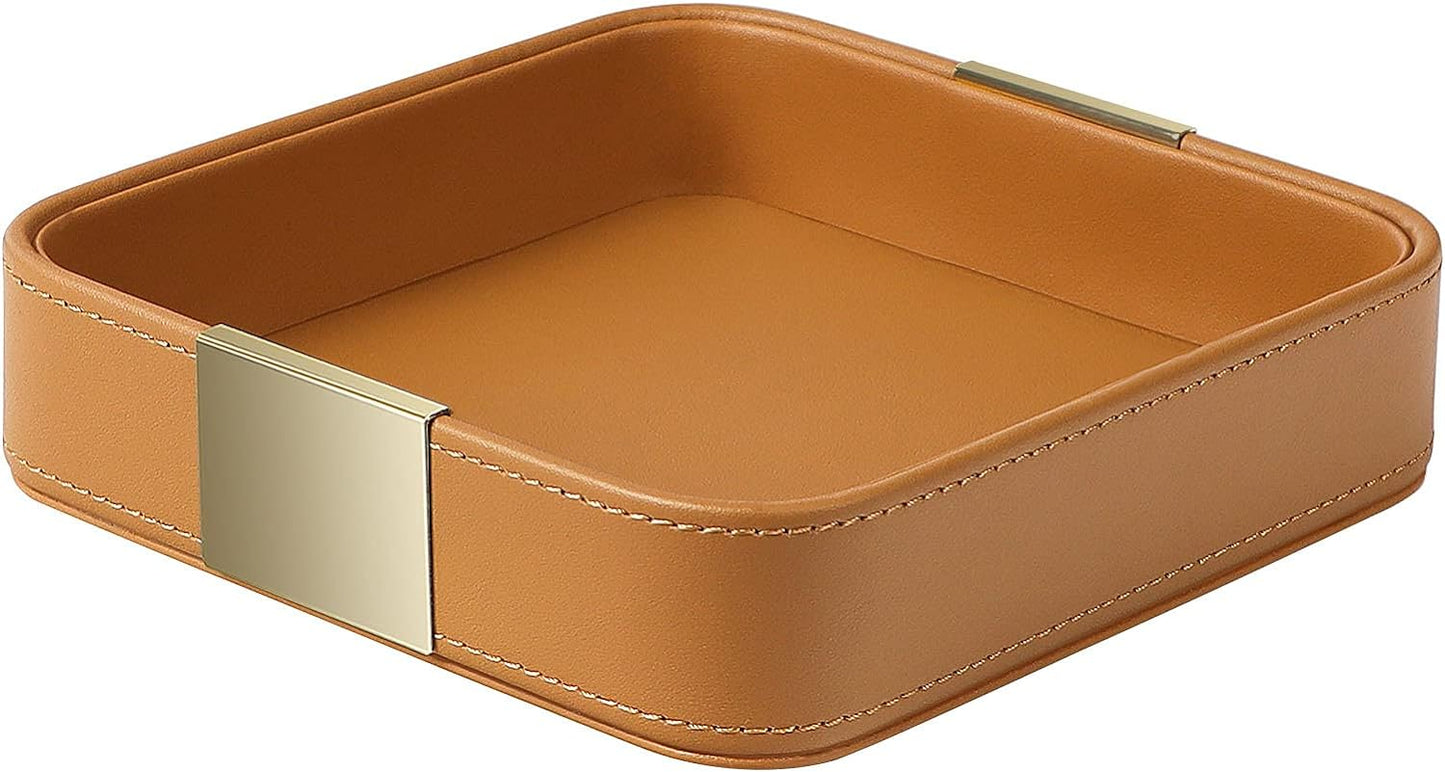 SANZIE Luxury Leather Desktop Storage Small Catchall Organizer Decorative Tray for Entryway Table to Hold Jewelry Watch Cosmetics Keys Phone Wallet, Home & Office Accessories (Metal Glided, Orange)