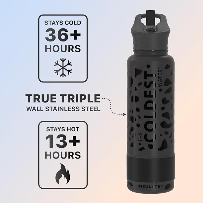 Coldest Sports Water Bottle with Straw Lid Vacuum Insulated Stainless Steel Metal Thermos Bottles Reusable Leak Proof Flask for Sports Gym (40 oz, Black Leopard)