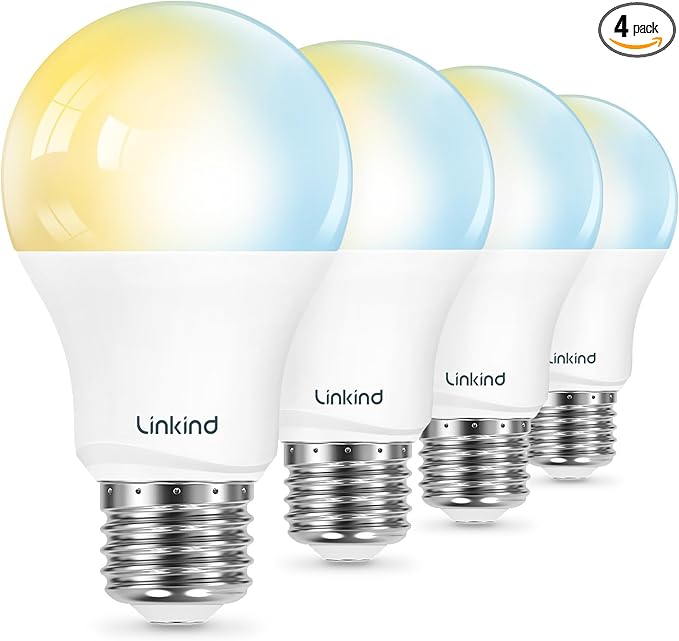 Linkind Smart Light Bulbs, Soft White to Daylight Tunable (2700K-6500K), Alexa Light Bulbs, Work with Alexa & Google Home, CRI>90, 2.4GHz Wi-Fi & Bluetooth LED, A19 E26, 800LM, 60W Equivalent (4-Pack)