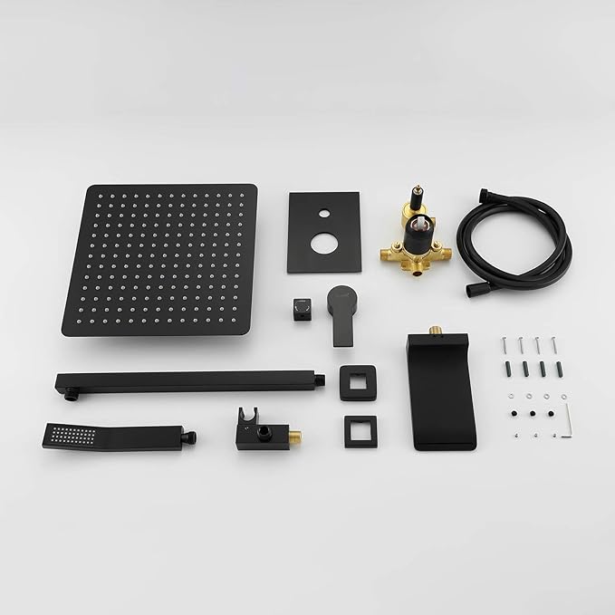 SHAMANDA Shower System with Waterfall Tub Spout and Handheld Shower Head, 12" Rain Shower Faucet Sets Complete with Shower Round-in Valve and Trim, Wall Mounted, Matte Black, L1001-7