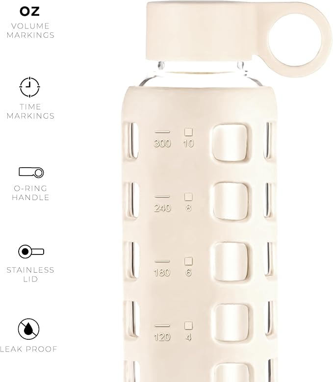 purifyou Premium Glass Water Bottles, 40/32 / 22/12 oz Reusable Drinking Bottle with Time & Volume Markings Silicone Sleeve & Stainless Steel Lid for Water, Coffee, & Fruit Juice (12oz Pearled Ivory)