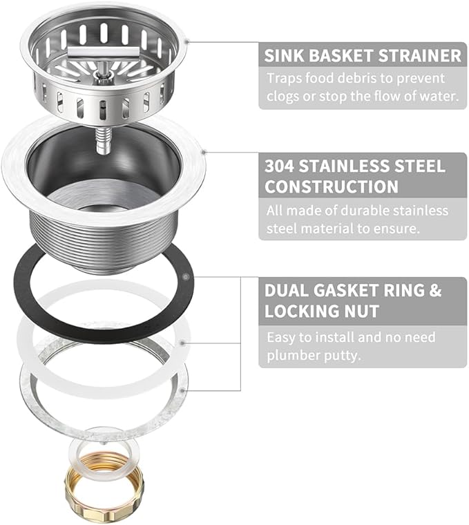 KONE Kitchen Sink Drain Sink Strainer 3-1/2 Inch Drain Assembly Kit Replacement for Universal 3.5 Inch Kitchen Sink, All Stainless Steel Body with Strainer Basket and Drain Stopper (9171，Stainless)