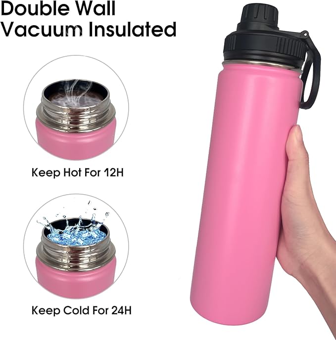 4pack 22 oz Insulated Water Bottle With Straw, Stainless Steel Sports Water Cup Flask with 2 Lids, Wide Mouth Travel Thermal Mug,Pink