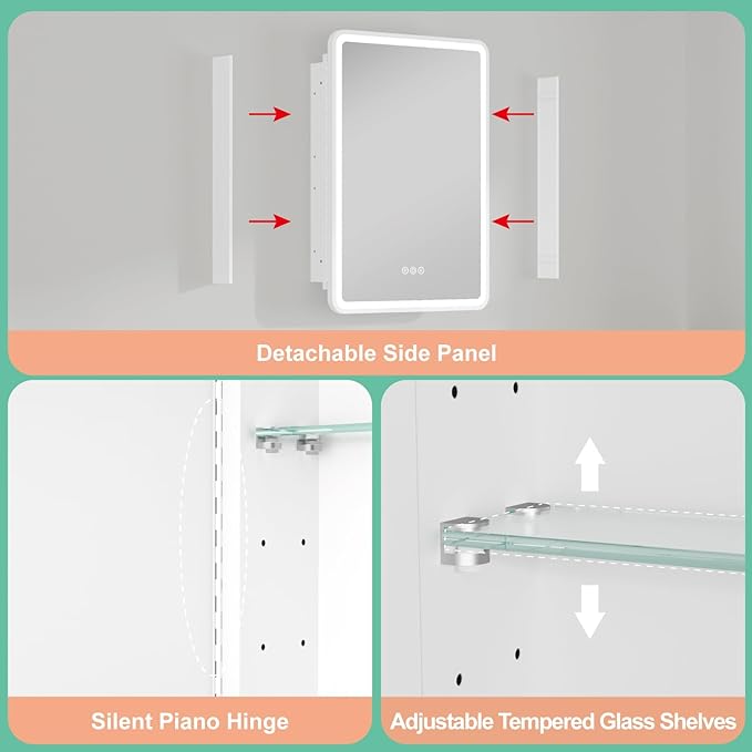20x28 Inch Medicine Cabinet with Mirror, Recessed or Surface Mount Bathroom Medicine Cabinet with LED Lights, Anti-Fog, Memory Function, Adjustable Shelf, Dimmable Light, ETL Listed, White,Right Hinge