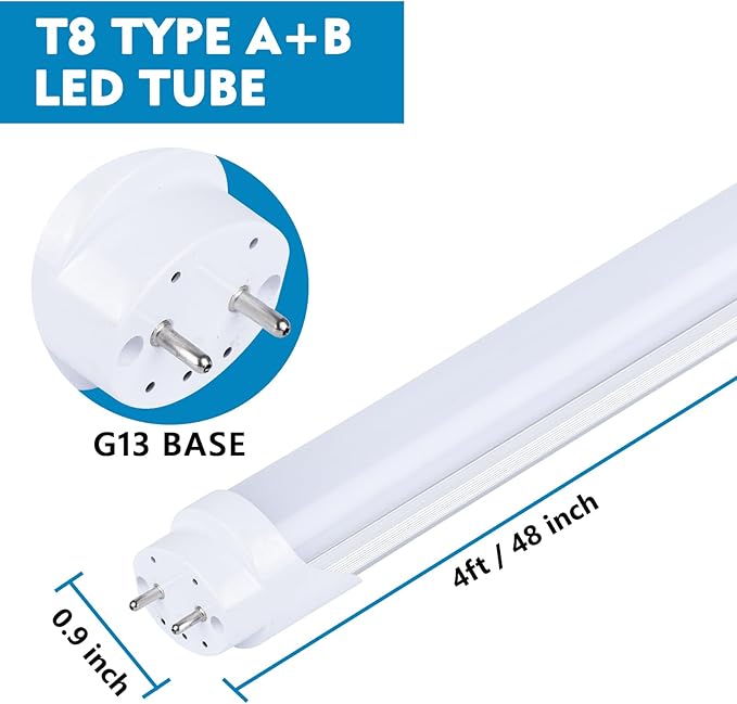 12 Pack, 4FT LED T8 Type A+B Tube Lights, 28W(80W Equivalent), 4000LM, 6000K, Frosted Cover, Single or Double End Powered, Plug and Play or Ballast Bypass, 4 Foot T10 T12 Fluorescent Bulbs Replacement
