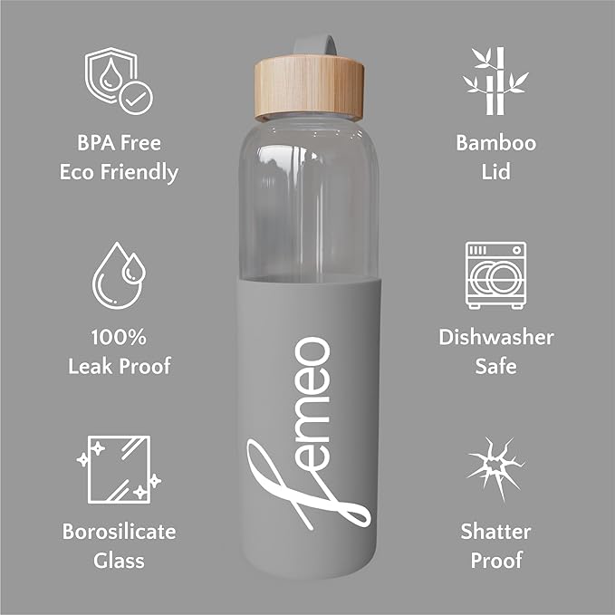 Femeo® Glass Water Bottle for Women | Eco, Yoga & Gym Friendly, 18oz | 100% Leakproof, BPA-Free, Dishwasher Safe, Borosilicate Drinking Glass Bamboo Sports Cap Grey