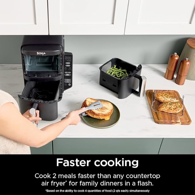 Ninja DoubleStack 2-Basket Air Fryer, DoubleStack Technology Cooks 4 Foods at Once, Space Saving Design, 8 QT, 6-in-1, Smart Finish & Match Cook, Air Fry, Broil, Bake, Easy Meals & Clean, Black, SL201
