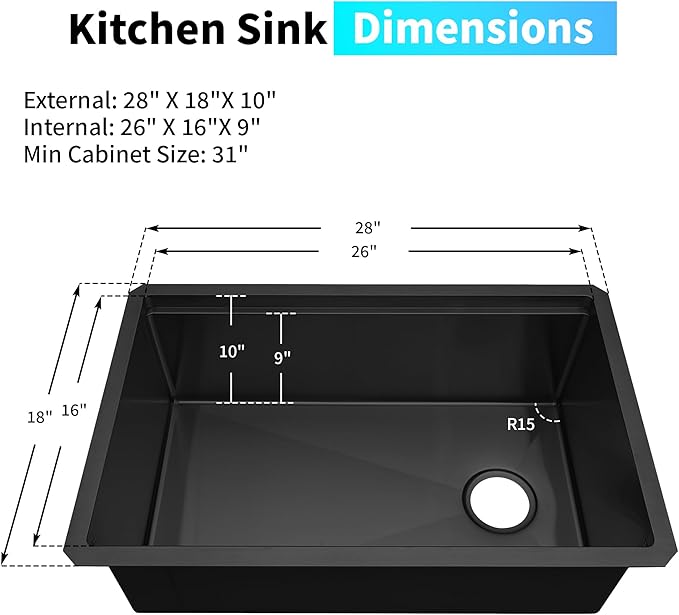 Black Undermount Kitchen Sink,16 Gauge Stainless Steel Sinks,Single Bowl Workstation Sink,Modern Kitchen Sink Offset Drain (28" X 18")