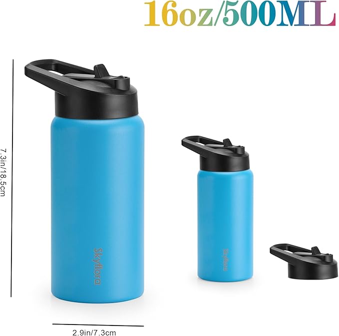 Kids Water Bottle with Straw 2 Pack, 16oz Water Bottles Bulk, Single Wall 18/8 Stainless Steel, Dishwasher Safe & Leakproof, Reusable Gift for Girls Boys to School Sports Travel Camping, Pink & Blue