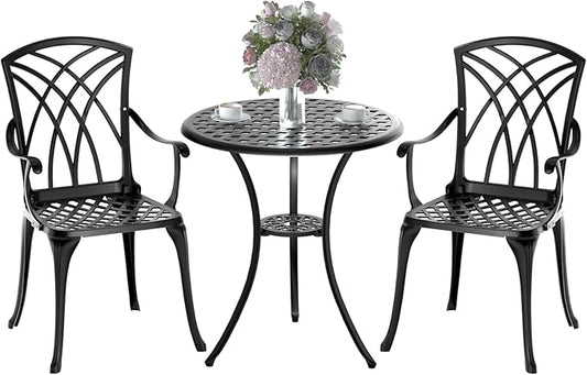 Patio Bistro Set 3 Piece, Cast Aluminum Bistro Set for 2 w/Umbrella Hole, Outdoor Table and Chairs Set of 2, Bistro Set for Balcony/Backyard/Garden, Black